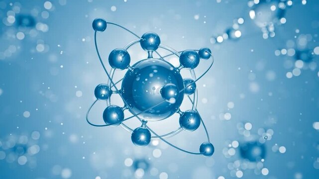 Blue atom structure with orbiting electrons on a gradient blue background with bokeh effect