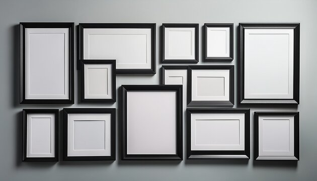eleven black picture frames with white mats neatly arranged on a light grey wall various sizes and orientations