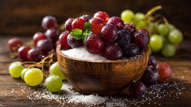 A rustic wooden table scene with a bowl of sour patch grapes surrounded by loose sugar and fresh grapes under warm sunlight