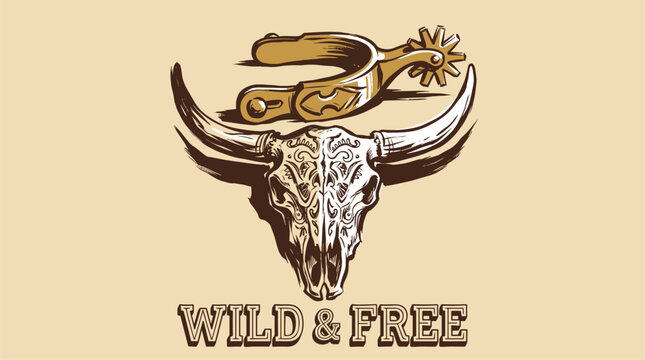 Wild and free. Western vintage print design for t shirt. Bull skull and cowboy spur graphic. Desert adventure artwork.