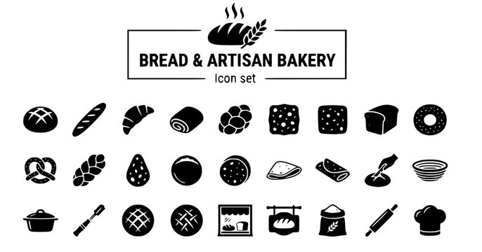 Bread Artisan Bakery Icon Set Sourdough Baguette Croissant Brioche Focaccia Rye Ciabatta Bagel Pretzel Challah Banneton Basket 25 Icons Flat Vector