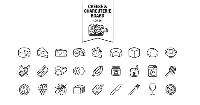 Cheese Charcuterie Board Outline Icon Set Cheese Wheel Brie Gruyere Gouda Prosciutto Salami Chorizo Fig Honey Walnut 25 Icons Editable Strokes