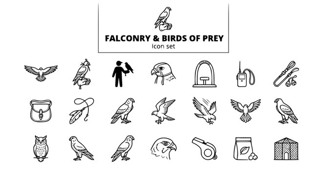 Falconry Birds of Prey Outline Icon Set Falcon Falconer Kestrel Peregrine Eagle Owl Harris Hawk Hooded Stoop 20 Icons Editable Strokes