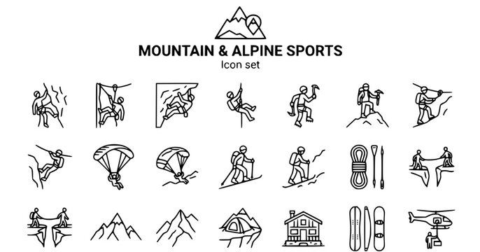 Mountain Alpine Sports Outline Icon Set Rock Climbing Rappelling Ice Climbing Via Ferrata Paraglider Splitboard 20 Activities Editable Strokes