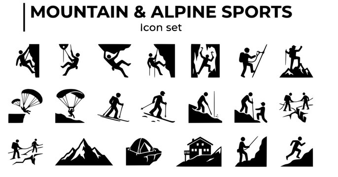 Mountain Alpine Sports Silhouette Icon Set Rock Climbing Rappelling Ice Climbing Summit Via Ferrata Paraglider Splitboard Glacier 20 Activities Flat Vector