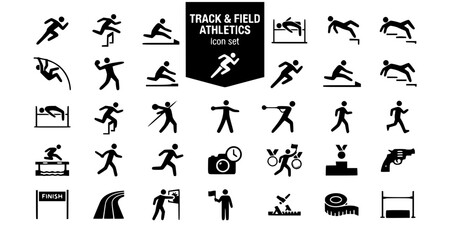 Fototapeta premium Track Field Athletics Silhouette Icon Set Sprint Hurdles Long Jump High Jump Pole Vault Discus Javelin Marathon Relay Baton 20 Events Flat Vector