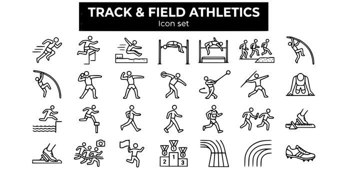 Track Field Athletics Outline Icon Set Sprint Hurdles Long Jump High Jump Pole Vault Discus Javelin Marathon Relay 20 Events Editable Strokes