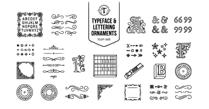 Typeface Lettering Ornament Outline Set Flourish Swash Drop Cap Ampersand Ornate Divider Dingbats Letterpress 20 Icons Editable Strokes