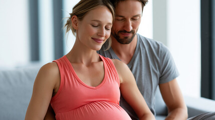 Fototapeta premium Pregnant couple sitting together at home in a maternity portrait