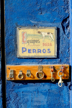 Dog Equipment Sign in Spanish on Blue Wall