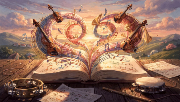 A Magical Open Book with Glowing Fantasy Scene, Dragons and Ancient Storytelling Pages
