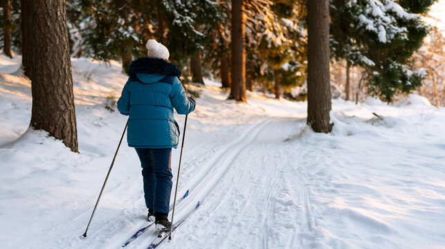 Person cross-country skiing on snowy forest trail in winter
