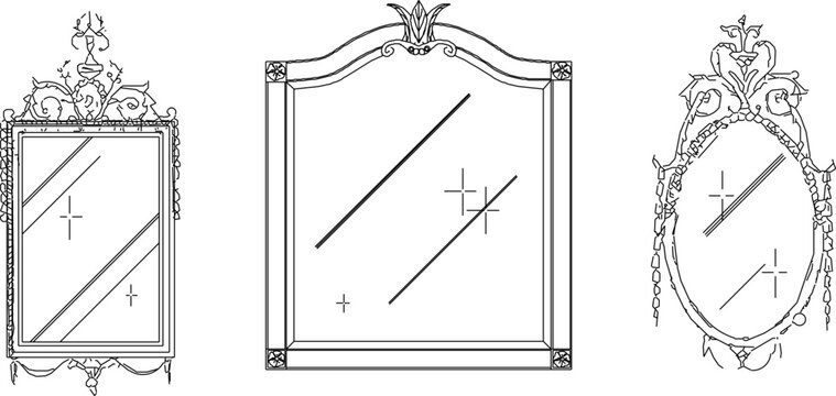 Minimalist line graphic artwork pack showing majestic renaissance palace border contours and mysterious occult aesthetic design vectors for a dramatic gothic dark classic vintage mirror glass asset.