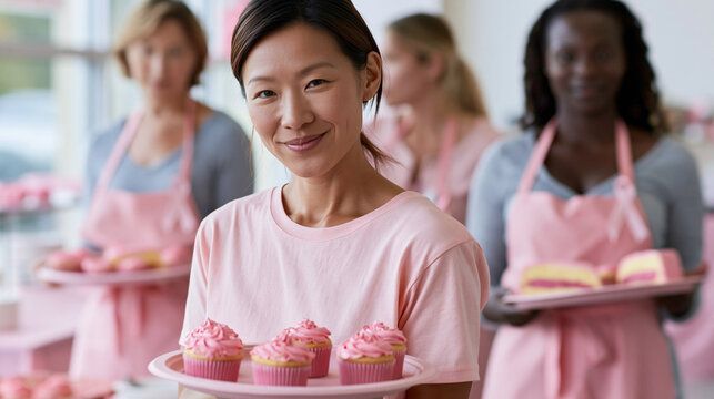 Group of women holding pink cupcakes in bakery class