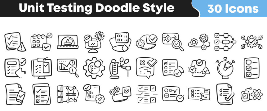 Hand drawn collection of thirty unit testing doodle style icons