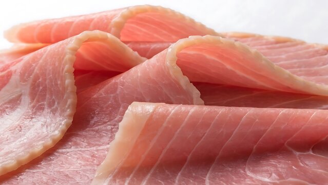Close-up of thinly sliced raw salmon fillets on white background