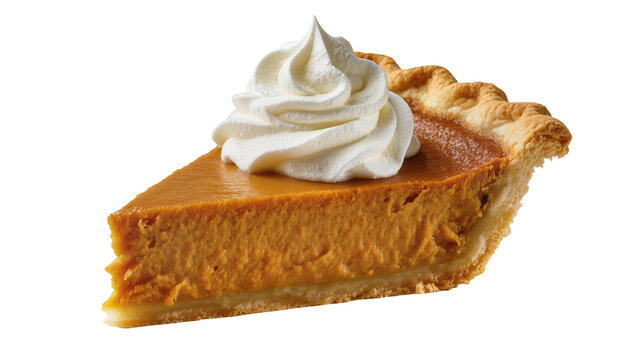 Slice of pumpkin pie with whipped cream topping