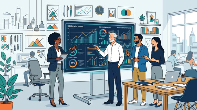 Business people analyzing growth trends and market share in office