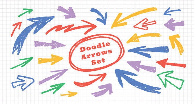 Colorful Doodle arrows set on grid paper. Crayon direction pointers, curved signs, marker texture, playful note accents. Doodle clip art for scrapbooking. Flat vector illustration