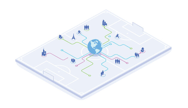 Light blue layout with global network lines connecting icons of the Eiffel Tower, buildings, and people groups for international planning and connectivity.