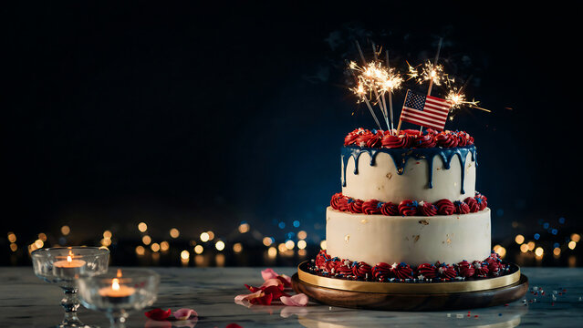 Two tier cake decorated with patriotic red white and blue icing with american flag and sparklers.