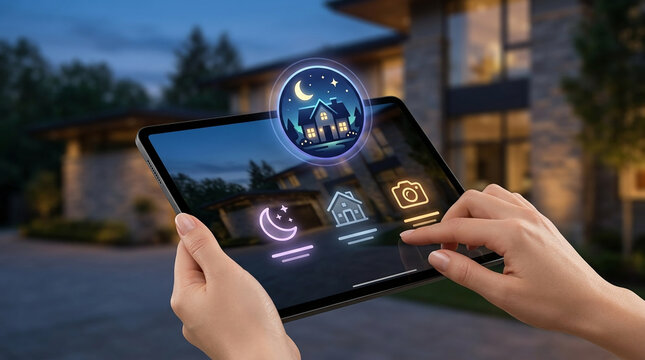 Smart home automation app on tablet used to monitor and control luxury house security and lighting systems at night with glowing icons.