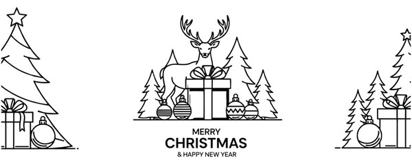 Christmas holiday banner with reindeer gift boxes and pine tree icons. © MDTAZBIRHOSSAIN