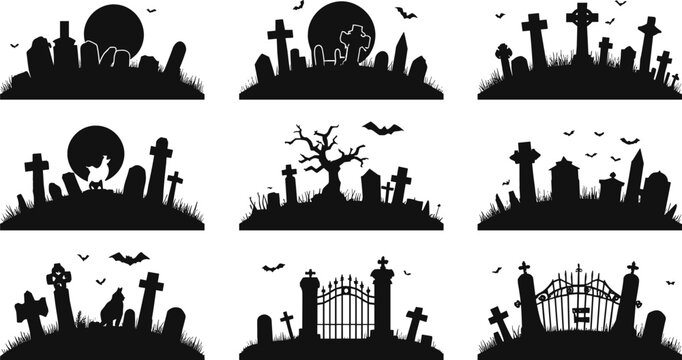 Spooky Halloween Graveyard Silhouette Set with Cemetery Gravestones Full Moon Haunted Gates and Bats for Autumn Holiday Party Graphic Designs