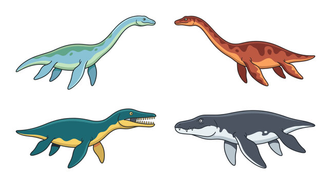 Collection of four cartoon prehistoric marine reptiles including plesiosaur and pliosaur illustrations on white background