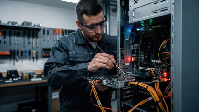 A technician wearing safety goggles repairs a computer motherboard inside an open PC case in a well-equipped workshop.