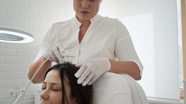 Tilt up of Caucasian trichologist examining Caucasian womans scalp with trichoscope. Footage perfect for hair loss treatment clinics and dermatology services marketing