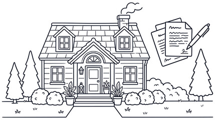 Obraz premium Cozy house with chimney smoke papers and pen nearby.