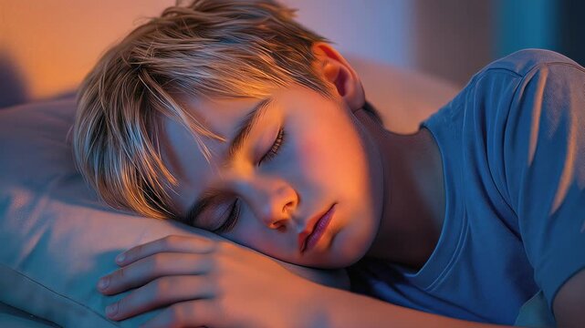 Boy sleeping peacefully in bed with warm sunset light. Close-up shot of child resting at home.