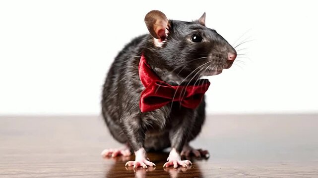 Cute black rat wearing a red bow tie on a wooden surface