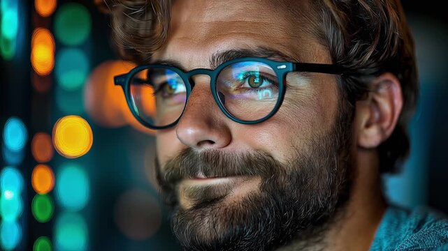 Close-up of thoughtful man wearing spectacles, his intent gaze reflecting dynamic digital data from illuminated screen amidst vibrant, soft bokeh glow.