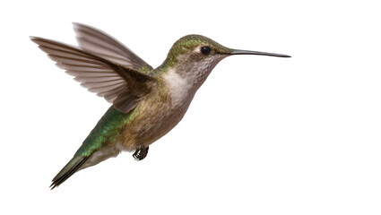Obraz premium Hummingbird with green iridescent feathers and spread wings in flight