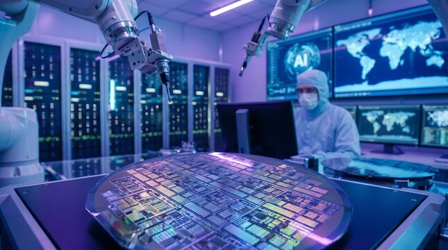 Technician in lab coat examines large microchip on workbench with various screens displaying data behind.