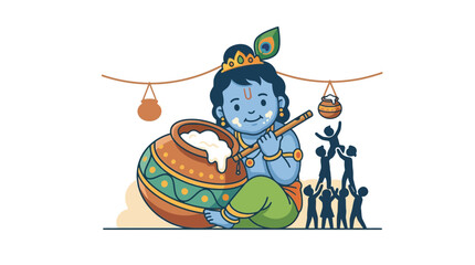 Fototapeta premium Little Krishna Eating Butter Pot Dahi Handi Illustration