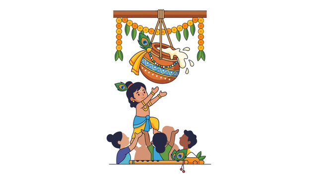 Little Krishna Reaching for Dahi Handi Pot Illustration