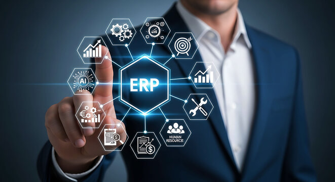 Businessman touching ERP software system interface for business management