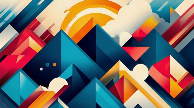 Geometric mountain range landscape rendered with vibrant abstract graphic art, featuring radiant sun and abstract cloud formations.