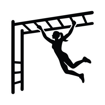 Woman climbing monkey bars silhouette icon. Fitness workout and outdoor recreation concept. Minimalist vector graphic isolated on transparent background