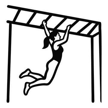 Woman climbing monkey bars line art. Fitness workout and obstacle course training concept. Minimalist outline vector illustration isolated on transparent background