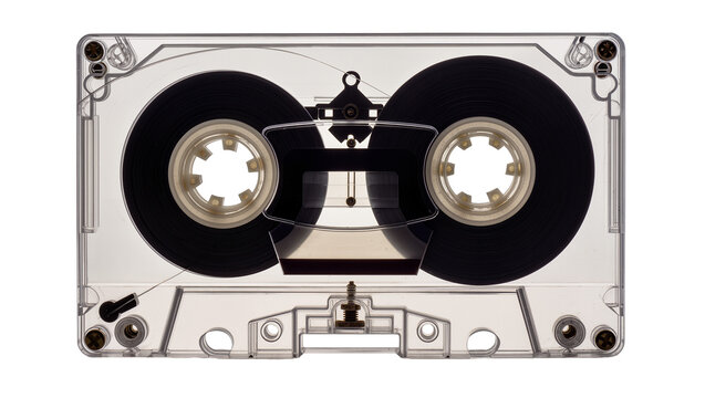 Clear plastic audio cassette tape with black reels and magnetic tape
