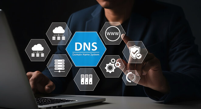 DNS domain name system concept with network server security and cloud computing
