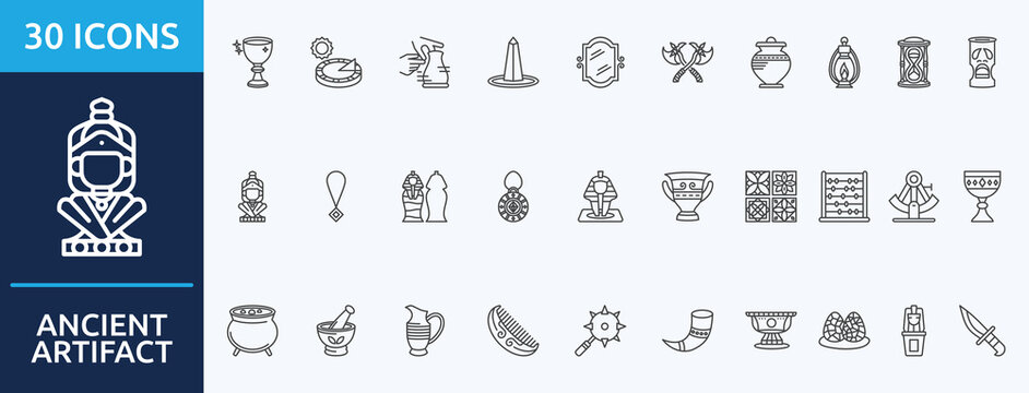 ancient artifact - Icon Collection. Thin outline Set contains such Icons as chalice, sundial, pottery, obelisk, ancient mirror and more. Simple web icons set