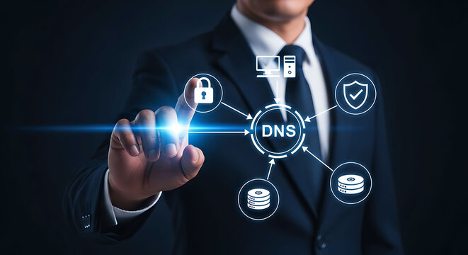 Businessman touching DNS server network security system concept virtual screen