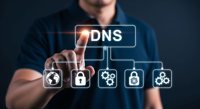 Businessman touching DNS button on virtual screen domain name system network security