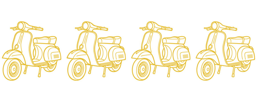 Row of four vintage yellow scooter outlines on a white background, transportation.