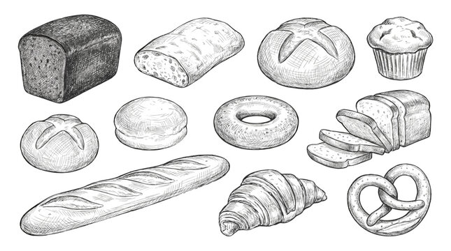 Hand drawn bakery set with bread rolls muffin bagel and croissant